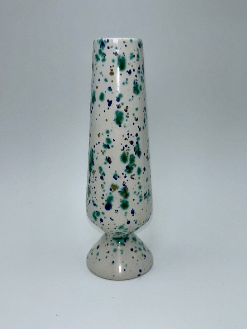 Vintage Speckled Blue/Green/Gold Splatter Glaze Pottery Signed Vase 6.25"